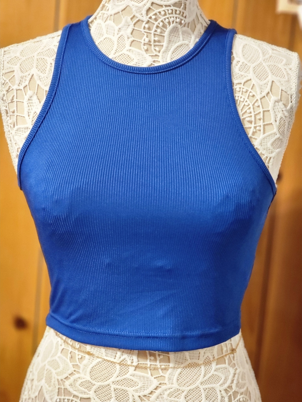 Classic Ribbed Blue Crop Tank Top